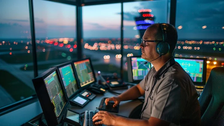 Air traffic controller working in an airport control tower at dusk