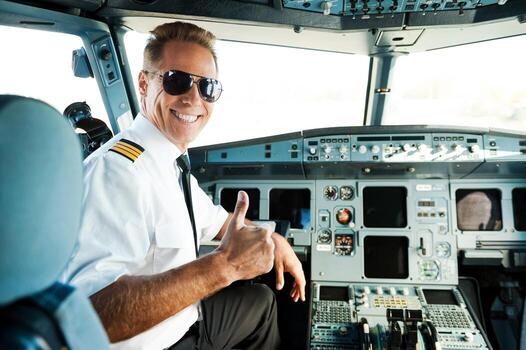 Airline pilot seated in a commercial flight deck giving a thumbs-up