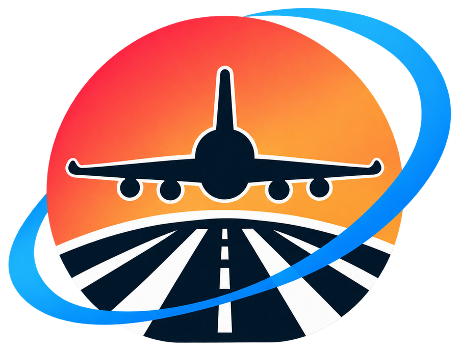 DAPA mark: an airliner over a runway inside a sunrise, circled by a blue orbit